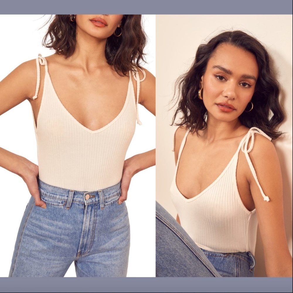 NEW $48 Reformation Amelia Ribbed Knit Tied Tank Top in Ivory [ SZ Large ] #3429